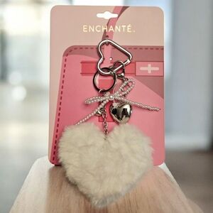 NEW White Heart Fox Fur Bag Charm Keychain 8 Inches New WirhWhite Heart Keychain